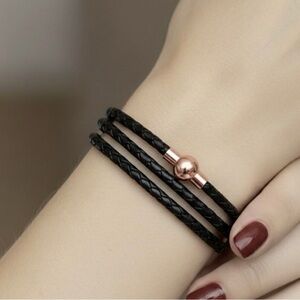 Linx Triple Wrap Black Leather Braided Bracelet with Rose Gold Magnetic Clasp